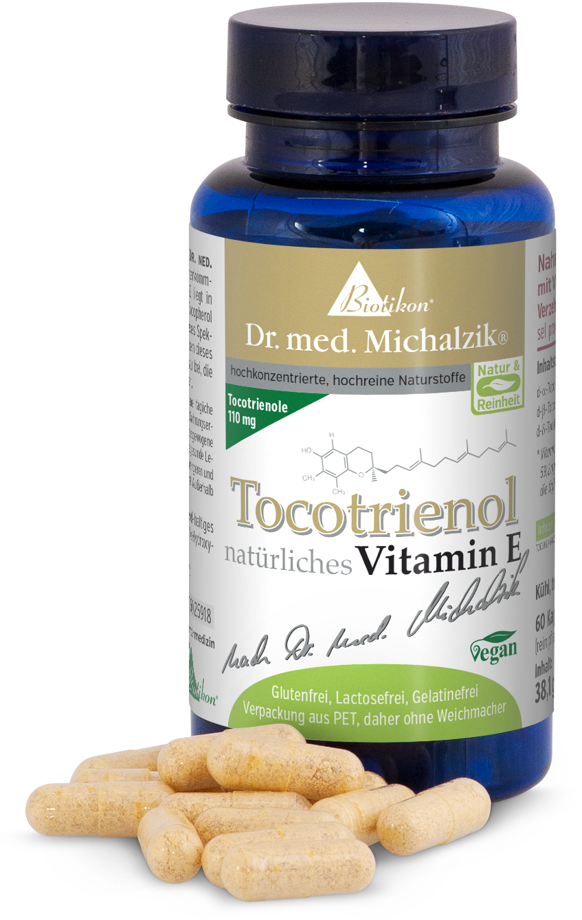 Tocotrienolo 110 mg - Capsule Capsule di tocotrienolo, 60 pezzi, forma naturale di vitamina E, capsule gialle in bottiglia PET.