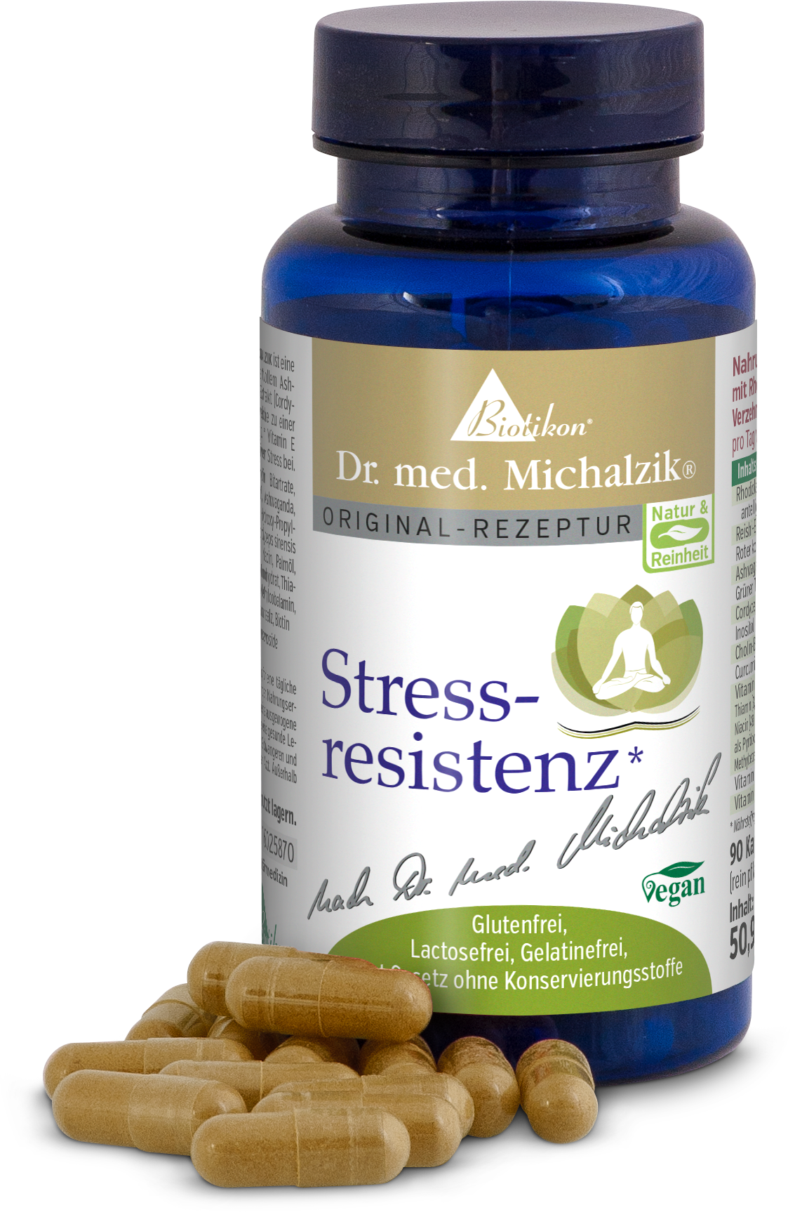 Resistenza allo Stress 90 Capsule – Integratore Alimentare Bottiglia blu con 90 capsule per la resistenza allo stress, capsule verde chiaro e beige.