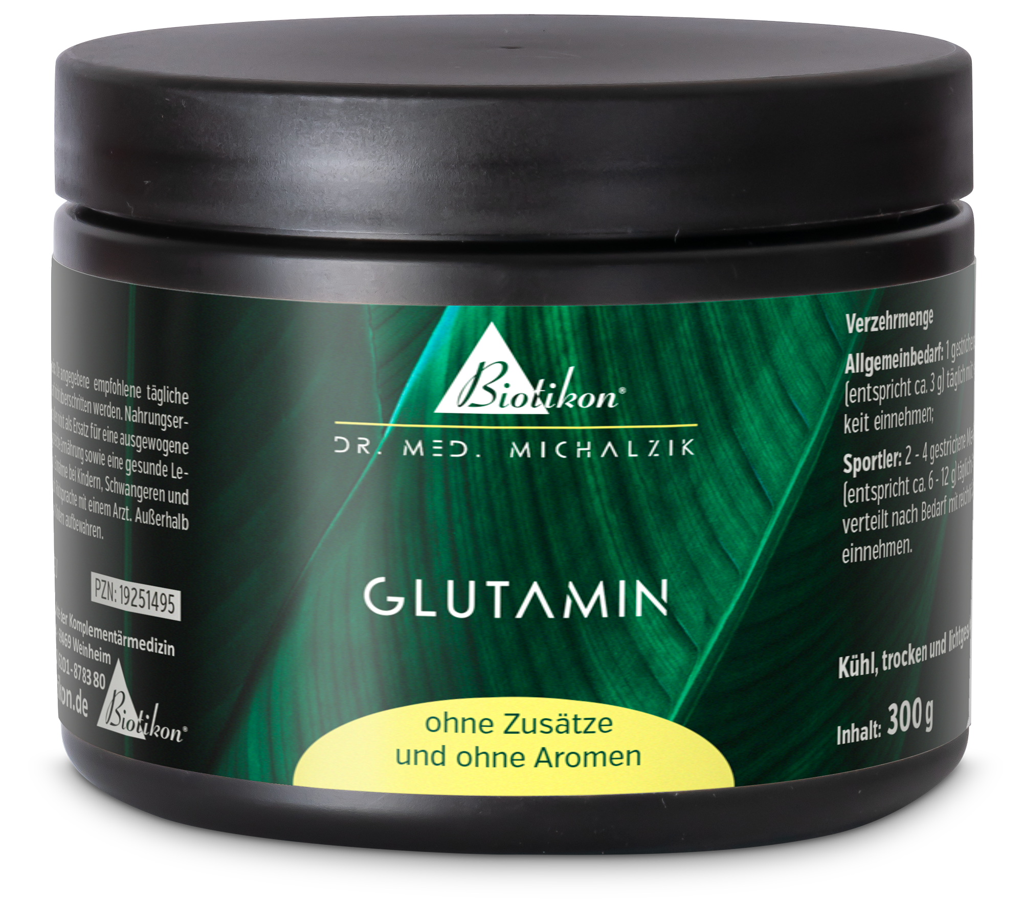 Glutamina 300 g – Polvere Polvere di glutamina in contenitore di plastica nera, 300 g, senza additivi né aromi, confezione verde.