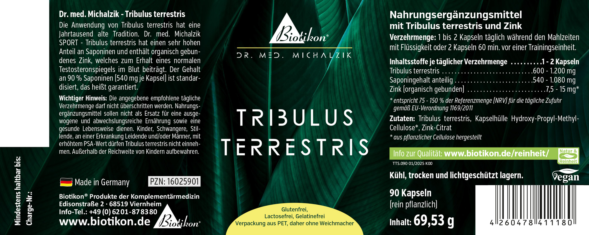 Tribulus Terrestris 90 Capsule - Integratore Alimentare Integratore alimentare Tribulus Terrestris in un pacchetto da 90 capsule, verde e giallo, vista frontale.