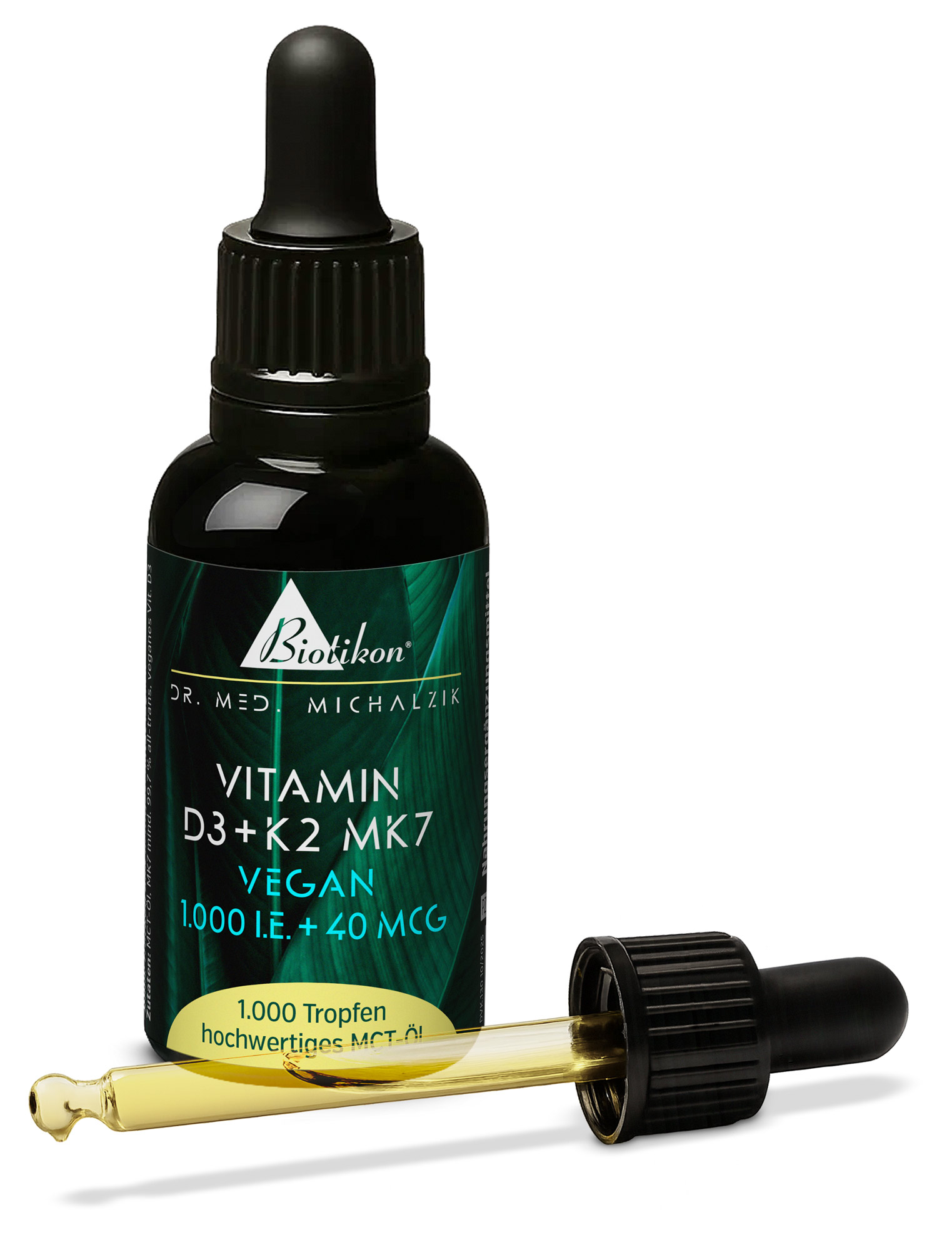 Bottiglia di gocce di vitamina D3 e K2 MK7, 1000 UI e 40 Mcg, liquido dorato nell'erogatore.