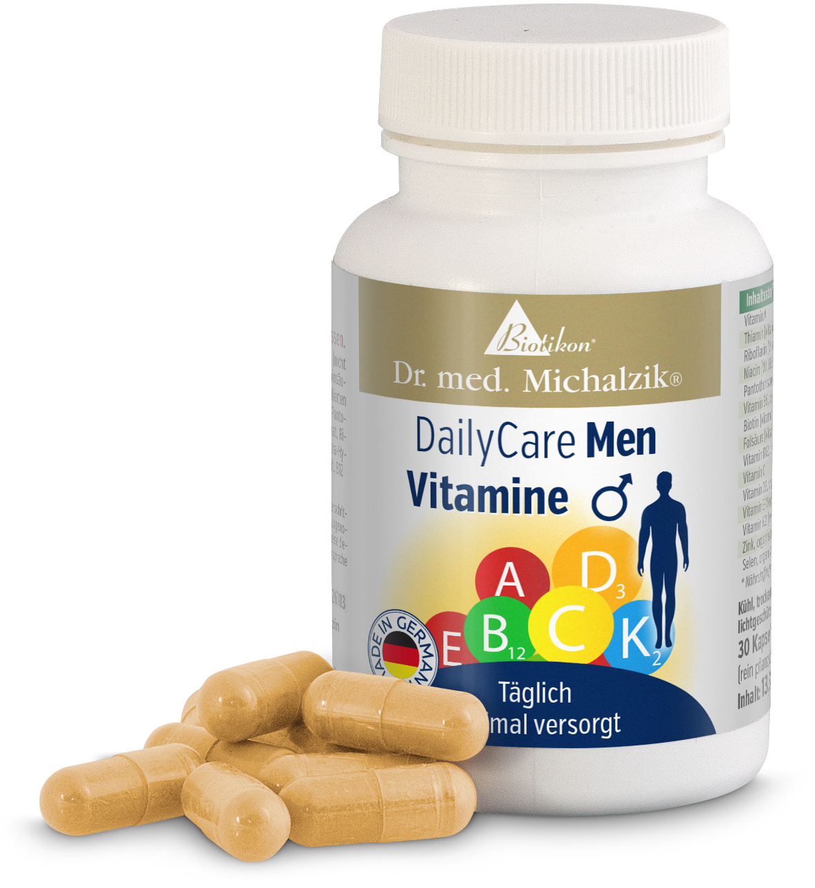 Vitamini DailyCare Uomini – Capsule Confezione di vitamine DailyCare per uomini, 30 capsule beige, con capsule visibili accanto.