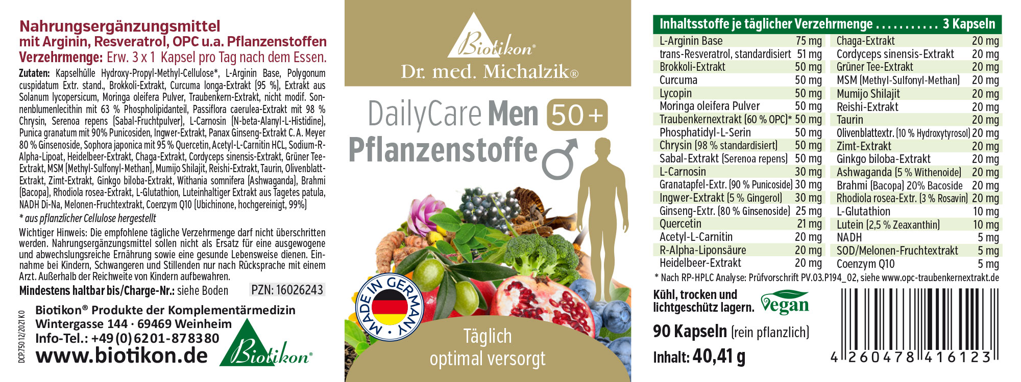 Composti Vegetali 50+ – 90 Capsule Integratore alimentare per uomini 50+, 90 capsule in un pacchetto bianco, vista anteriore e posteriore.