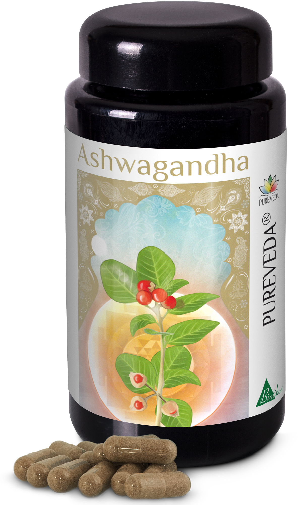 Ashwagandha 500 mg – Capsule Confezione di capsule Ashwagandha da 500 mg in un contenitore nero, con diverse capsule in primo piano.