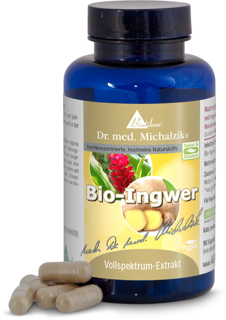 Zenzero Bio 90 Capsule – Estratto a Spettro Completo Bottiglia blu con 90 capsule vegane, estratto di zenzero bio, capsule visibili in primo piano.