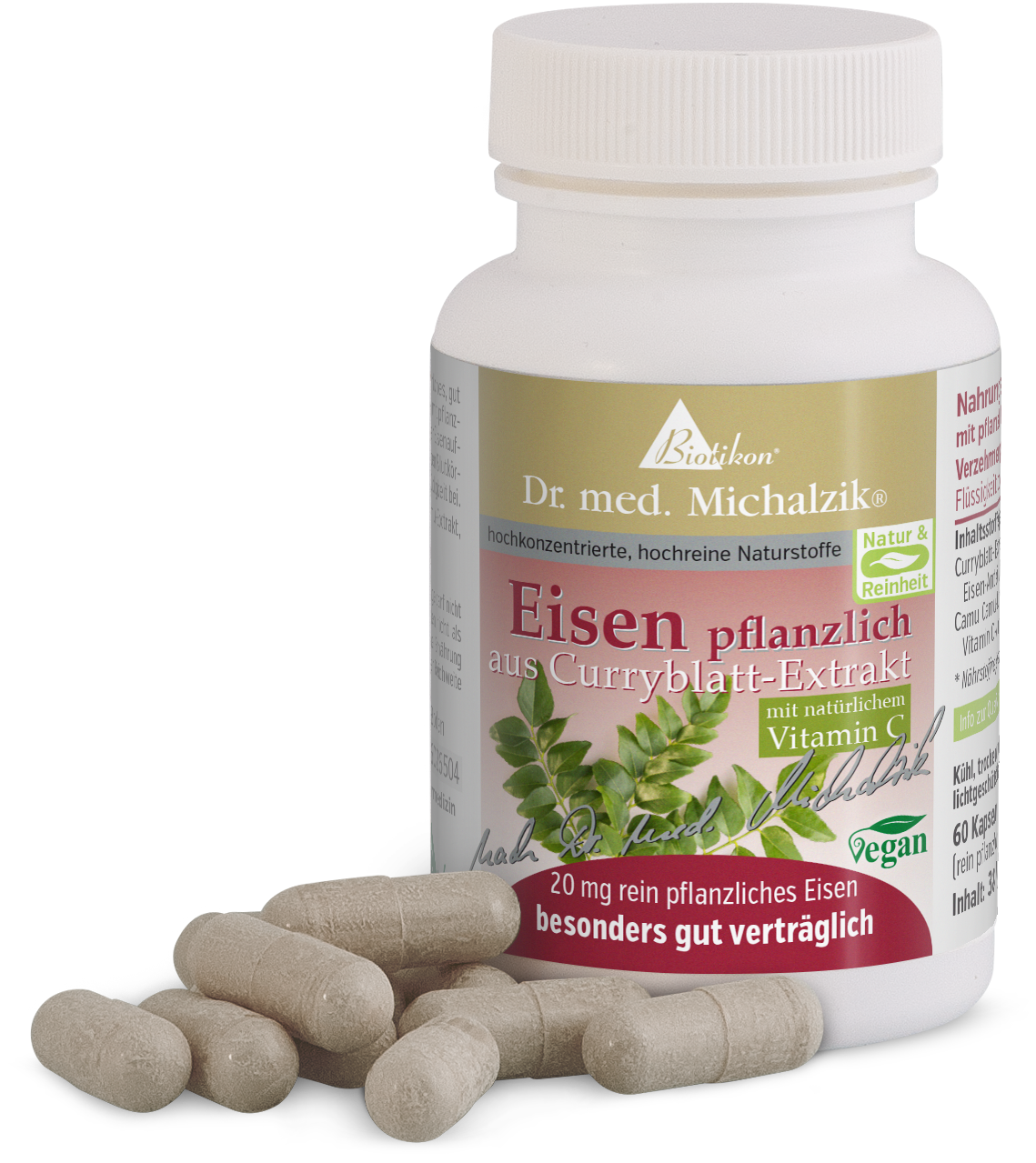 Ferro Vegetale 20 mg - Capsule Bottiglie con 60 capsule, ferro vegetale da estratto di foglie di curry, capsule vegane.