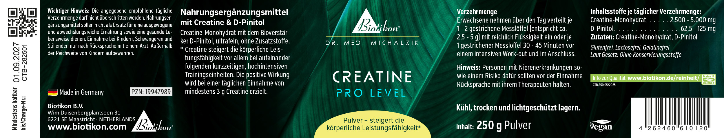 Creatina Monoidrato 250g – Polvere Integratore alimentare con creatina e D-Pinitolo, polvere da 250g in confezione verde.