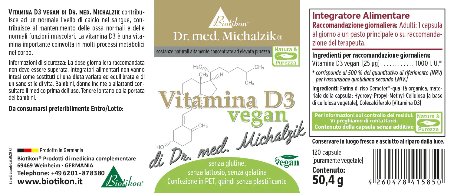 Vitamina D3 1000 UI – Capsule Capsule di vitamina D3 vegane, 120 pezzi in confezione PET, verde chiaro e beige, vista frontale.