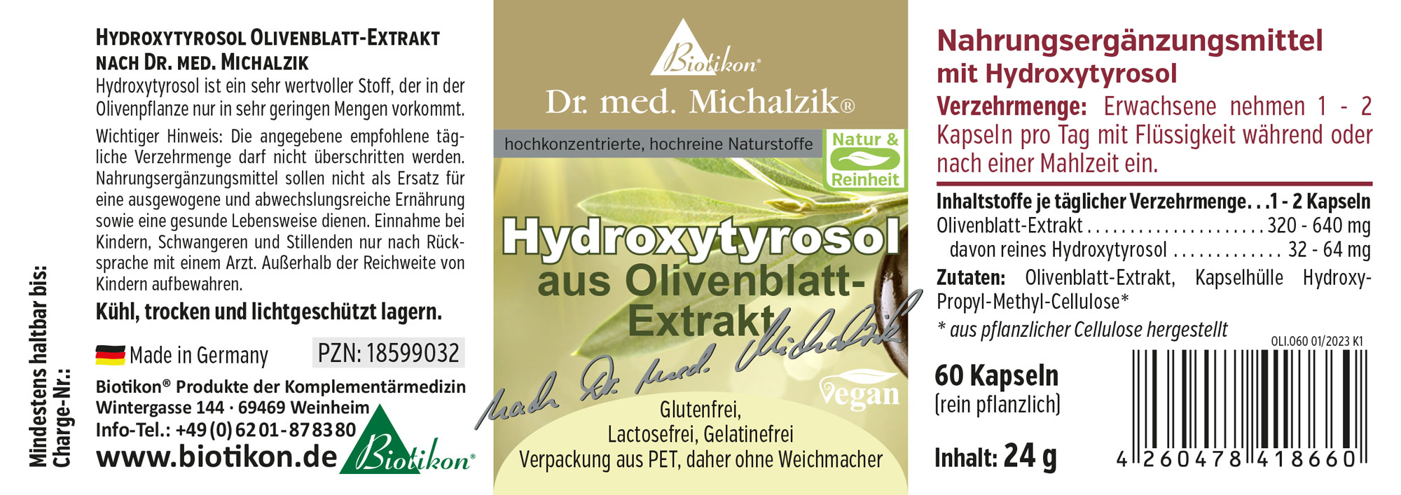 Estratto di Foglia d'Olivo Hydroxytyrosol – 60 Capsule Integratore alimentare Hydroxytyrosol da estratto di foglia d'olivo, 60 capsule in confezione PET, marrone verdastro.