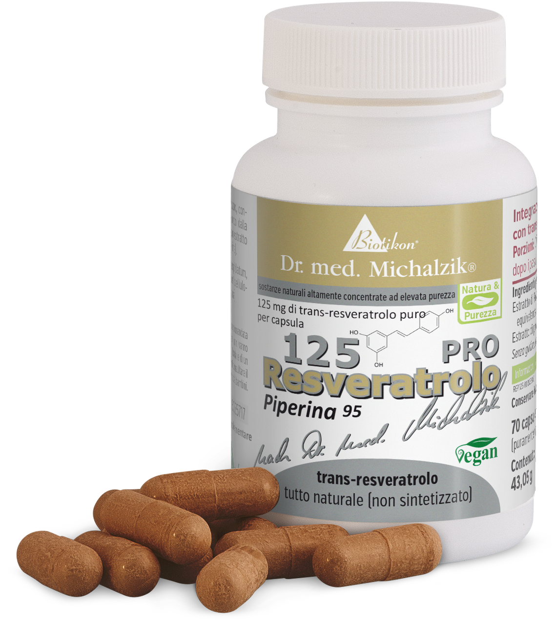 Dose di Resveratrolo 125 PRO - 70 Capsule Vegan Confezione con 70 capsule vegane, colore marrone, su un tavolo, con etichetta.