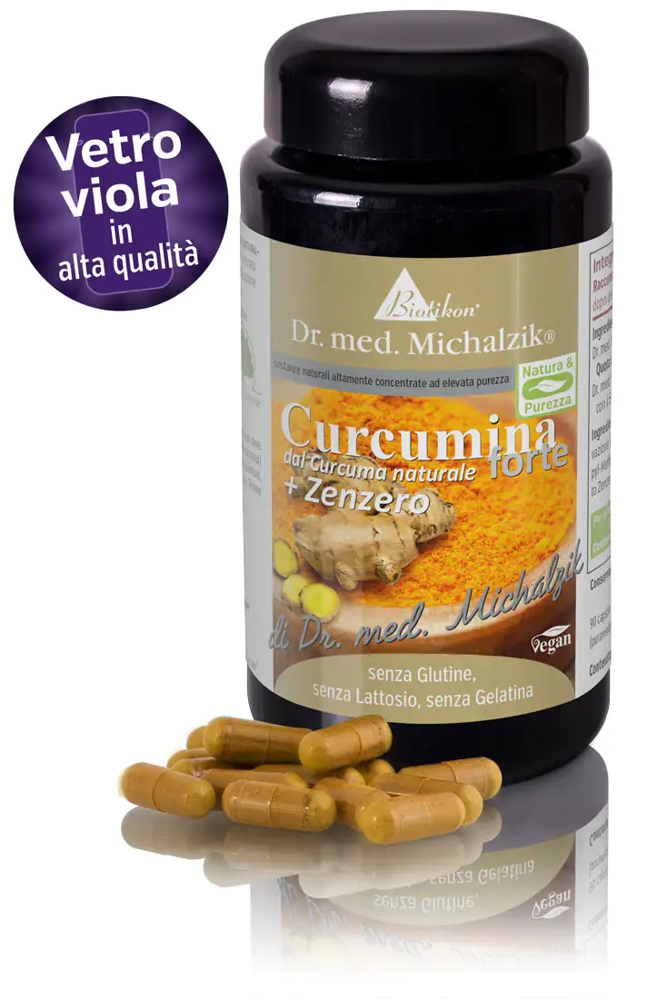 Curcumin Forte 90 Capsule - con Zenzero Bottiglia con 90 capsule giallo-marroni su sfondo bianco, con capsule aggiuntive accanto