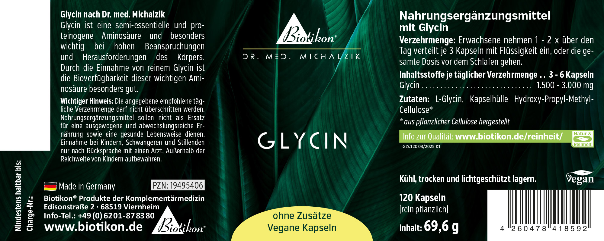 Glicina 120 Capsule – Integratore Alimentare Capsule vegane con glicina, 120 pezzi, confezione verde, vista frontale.