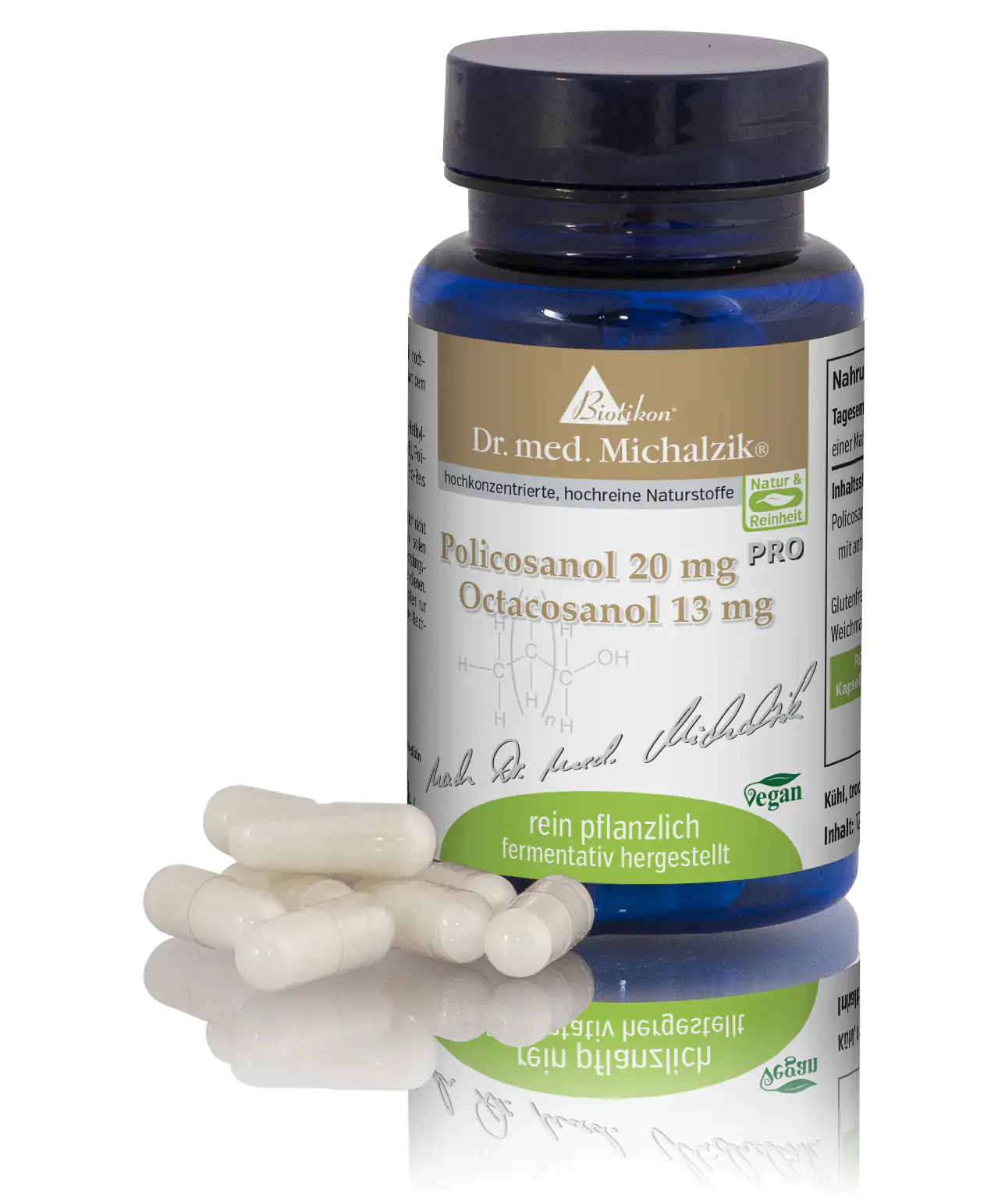 Policosanolo 20 mg – Capsule Bottiglia di vetro con capsule di Policosanolo, 20 mg, capsule vegane, bianche, vista laterale, con capsule in primo piano.