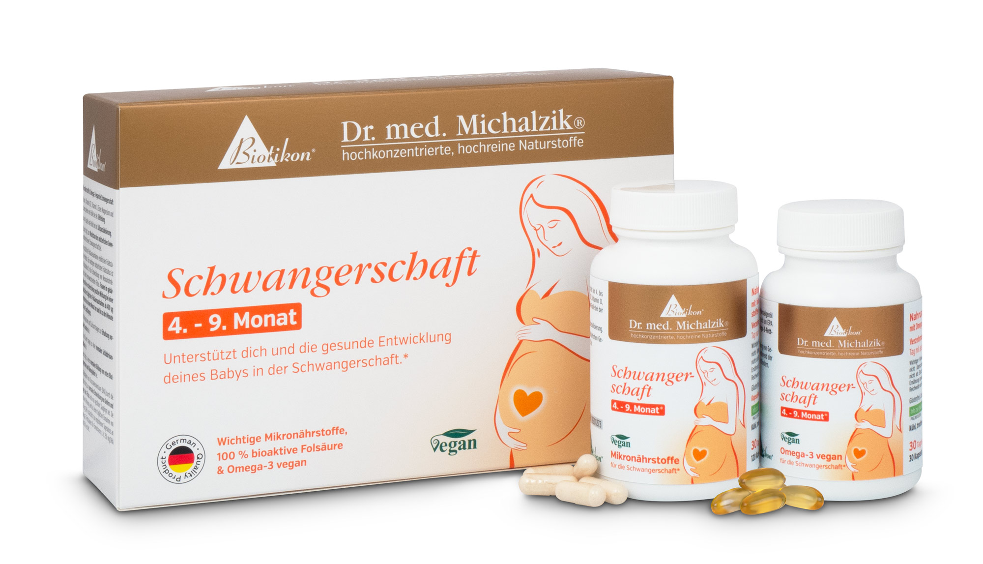 Gravidanza Mesi 4-9 – Nutrienti Essenziali Confezione di integratori alimentari per donne in gravidanza, 30 capsule, formulazione vegana in colori brillanti.