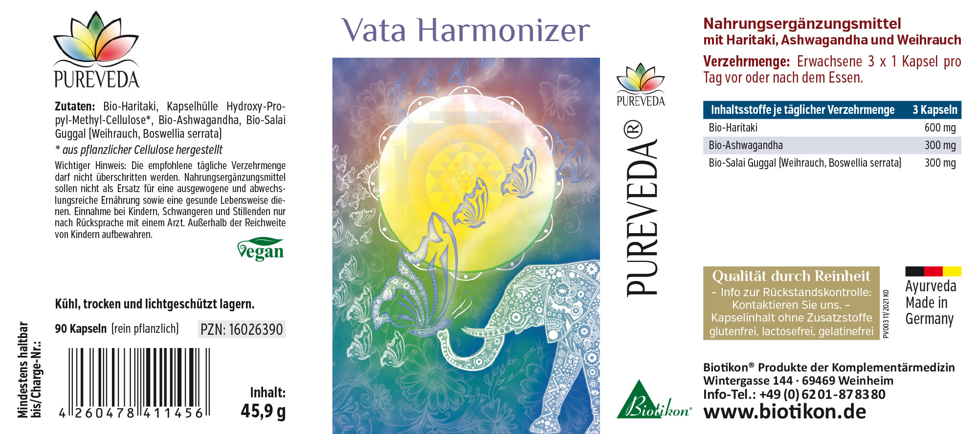 Vata Harmonizer – 90 Capsule Integratore Vata Harmonizer in confezione da 90 capsule vegane, design vivace.