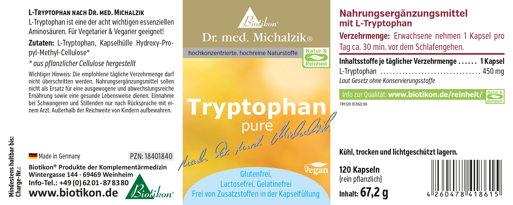 Capsule di L-Tryptophan 450 mg – 120 pezzi Integratore alimentare L-Tryptophan in capsule vegane, 120 capsule, confezione gialla.