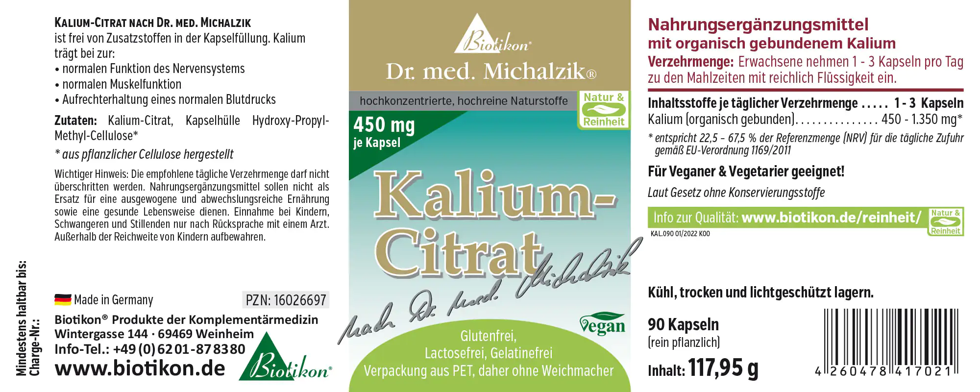 Citrato di potassio 450 mg – Capsule Integratore alimentare, 90 capsule, confezione chiara, vista laterale, vegano.