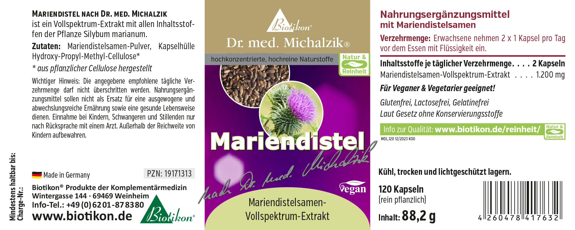 Cardo Mariano 120 Capsule – Estratto Spettro Completo Integratore di cardo mariano, 120 capsule, vegano, in confezione, vista frontale