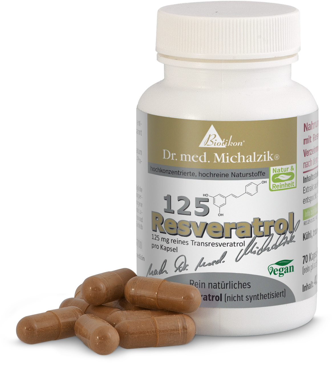 Resveratrolo 125 mg – Capsule Capsule marroni contenenti 125 mg di resveratrolo, 70 capsule in bottiglia trasparente, vista laterale
