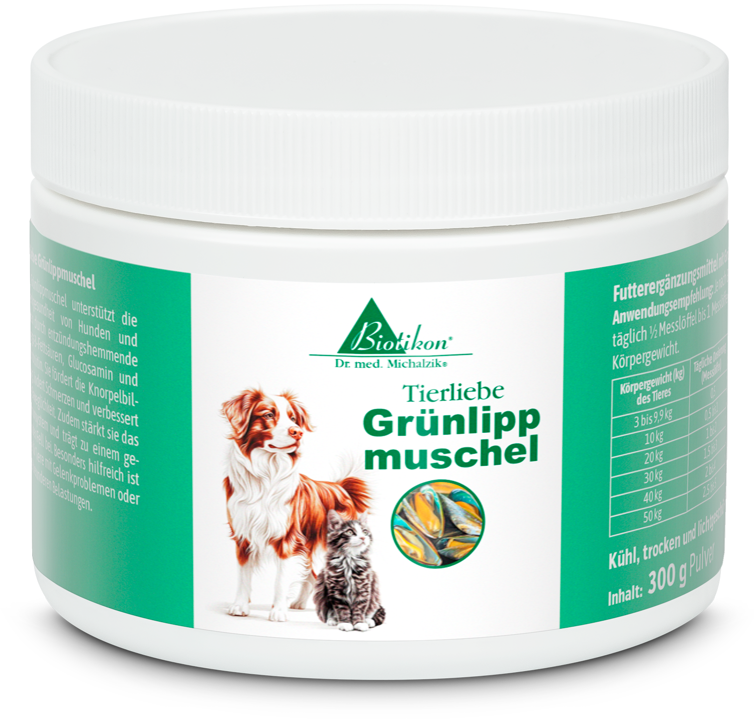 Mollusco Verde 300g - Polvere Barattolo di polvere di mollusco verde per cani e gatti, 300g, con immagini colorate di un cane e un gatto.