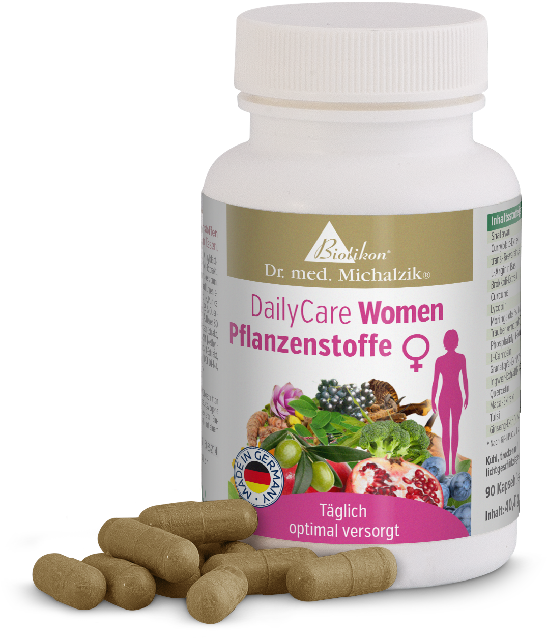 DailyCare Donne - 90 Capsule Vegetali Bottiglia di 90 capsule vegetali, illustrazioni di piante colorate, capsule marroni sul tavolo.