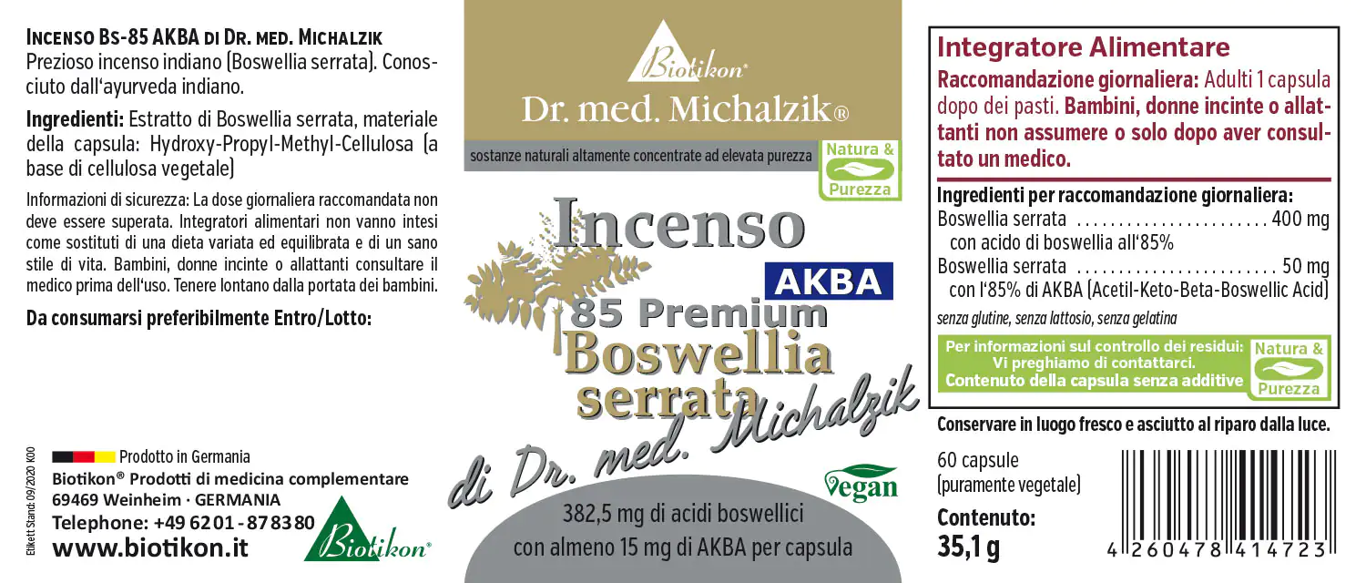 Incenso AKBA 85 – 60 Capsule 60 capsule vegane con estratto di boswellia serrata, confezione dai colori neutri, vista frontale.
