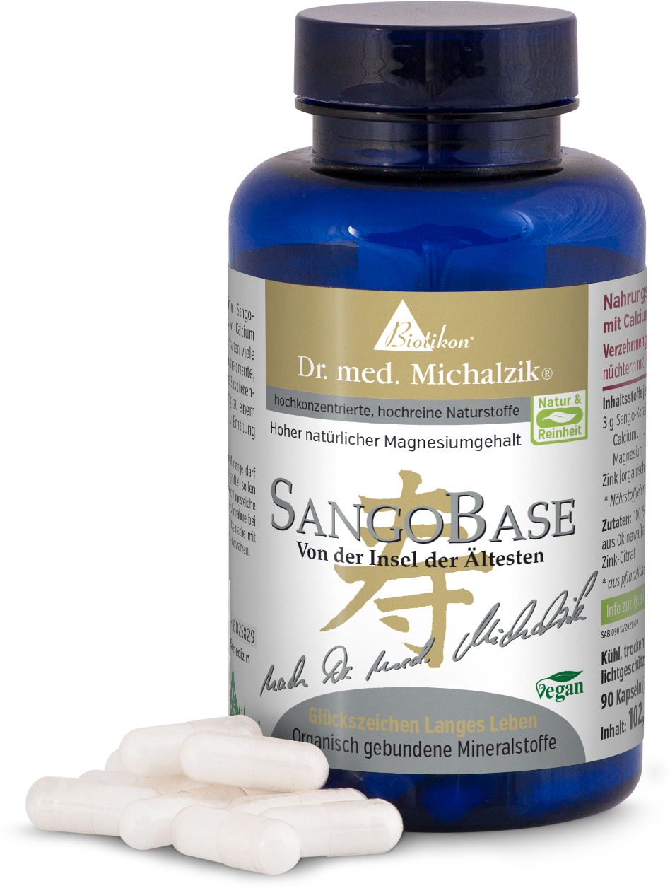 SangoBase 90 Capsule – Minerali Organici Contenitore in vetro blu con 90 capsule, SangoBase, vegano, vista delle capsule e della bottiglia.