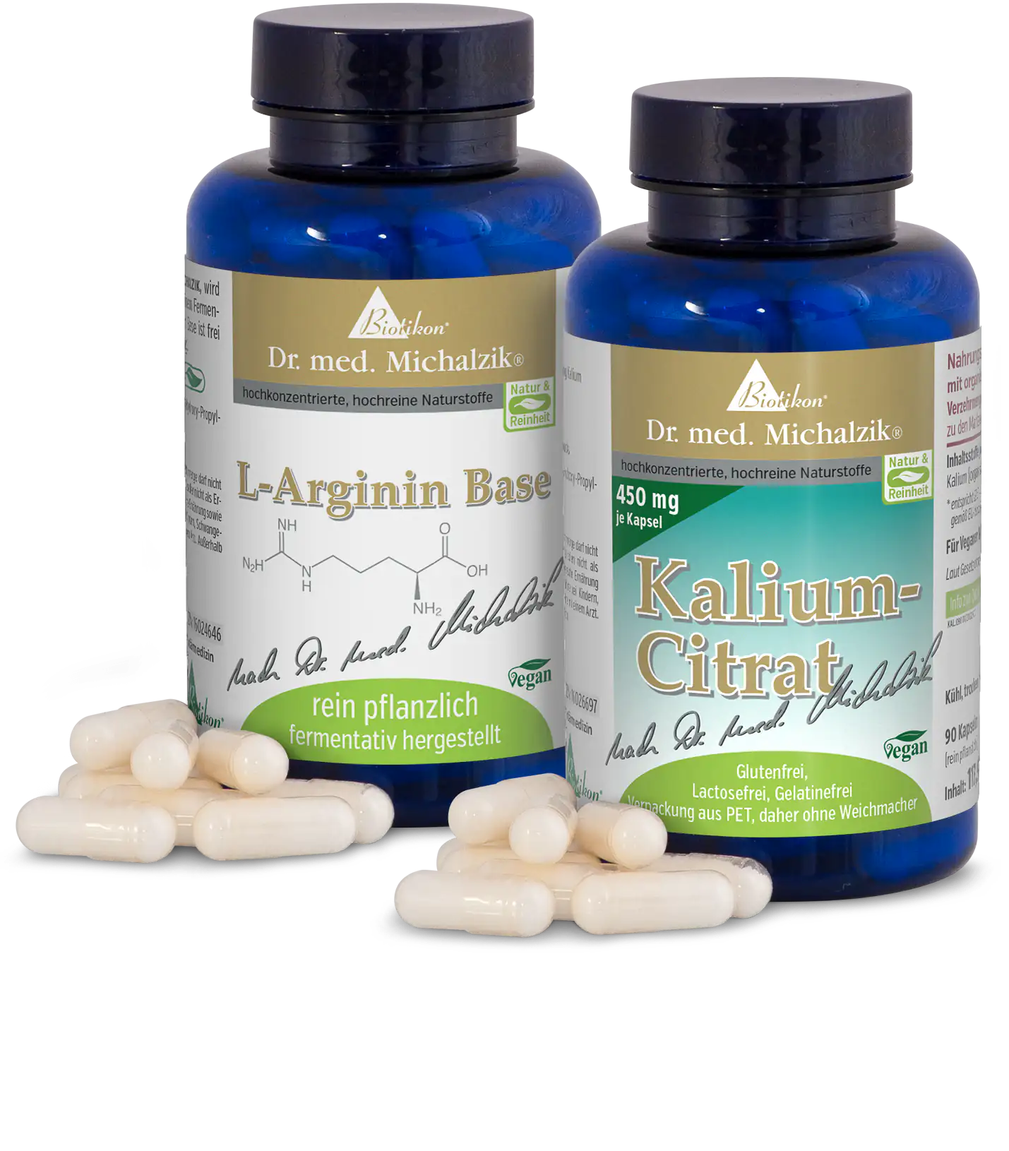 Base di L-Arginina 450 mg – Capsule Due bottiglie di capsule di L-Arginina e citrato di potassio, bianche, in contenitori blu, 90 capsule per bottiglia.
