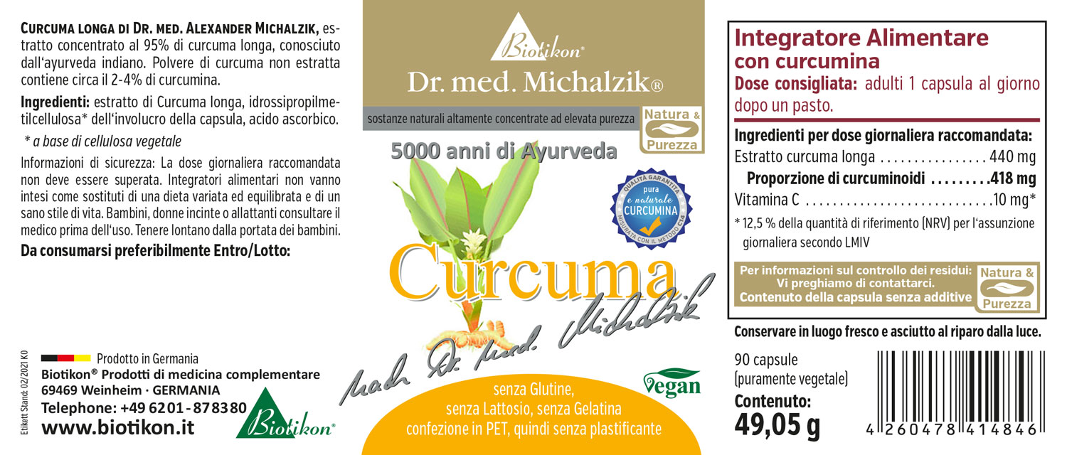 Curcuma Longa 440 mg – Capsule Capsule di curcuma in confezione PET, 90 pezzi, vegane e senza glutine, con estratto di curcuma.