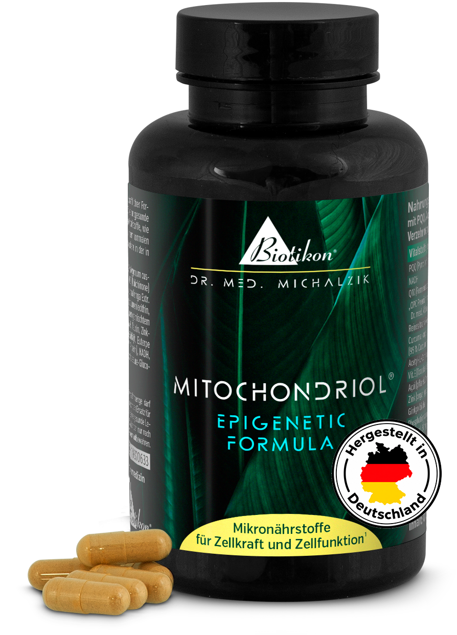 Barattolo di Mitochondriol con logo "Prodotto in DE"