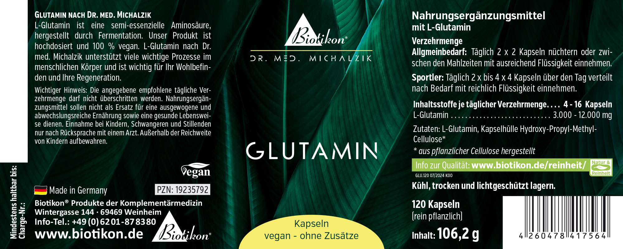 Glutamina 120 Capsule - Vegana Capsule di glutamina vegana in confezione, 120 capsule, sfondo verde, prospettiva angolata