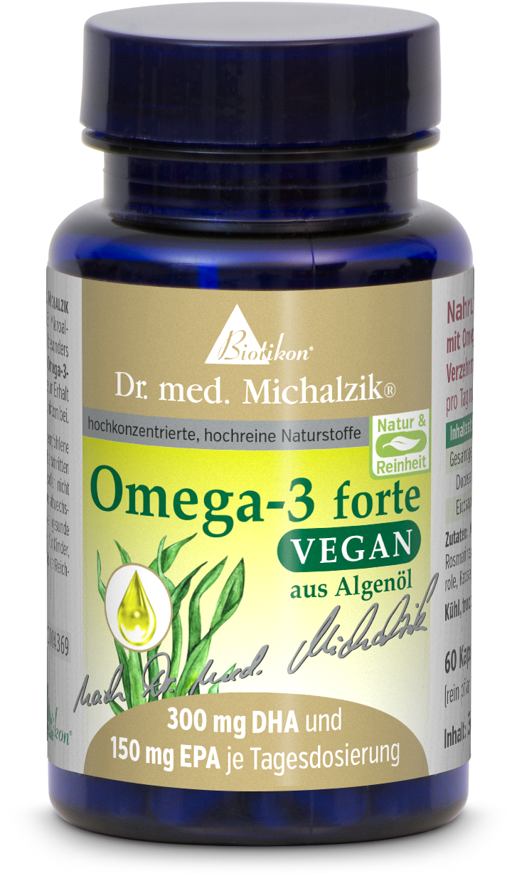 Bottiglia di capsule nere contenente 30 capsule vegane di Omega-3 a base di olio di alghe, progettata in modo colorato e di alta qualità.