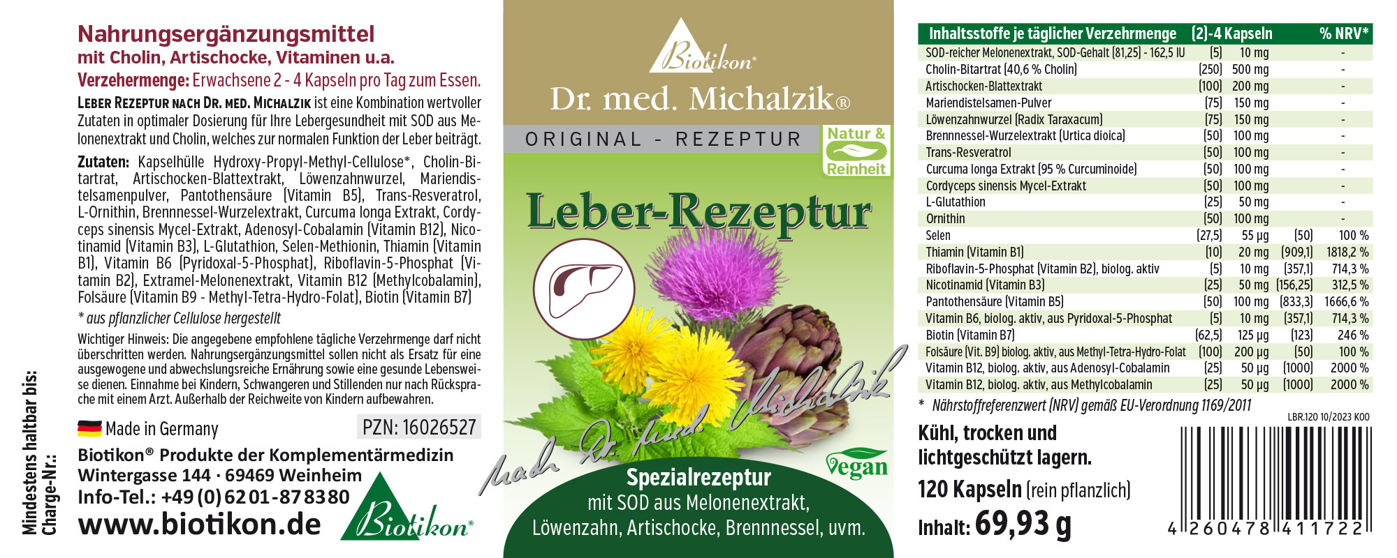 Formula Fegato - 120 Capsule Integratore alimentare Formula Fegato, 120 capsule, confezione con erbe colorate e informazioni sugli ingredienti sulla parte anteriore.