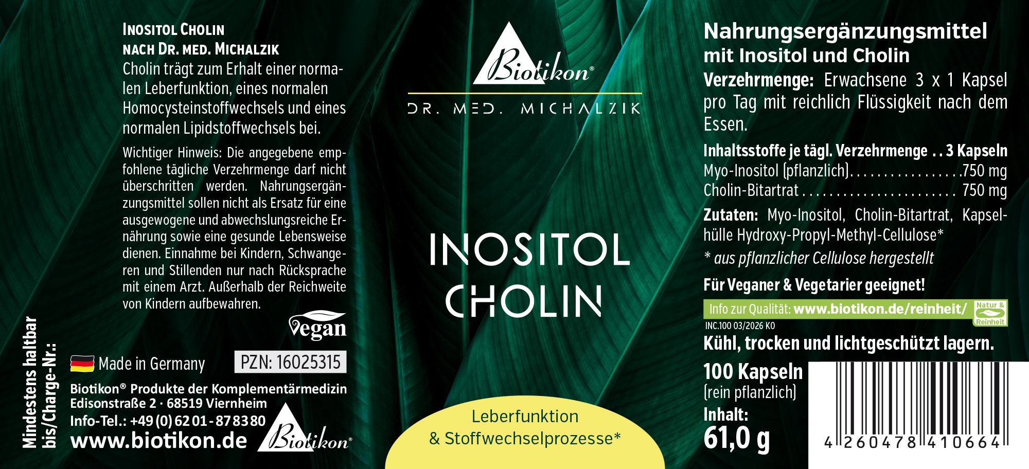 Integratore alimentare Inositolo e Colina, 100 capsule vegane, confezione grigio-gialla, vista frontale.