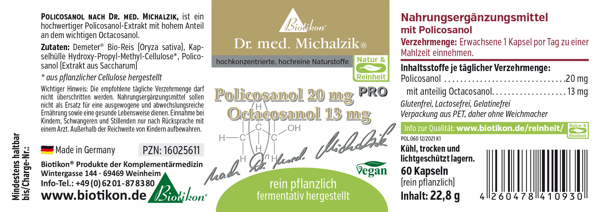 Policosanolo 20 mg – 60 Capsule Integratore alimentare Policosanolo, 60 capsule, vegano, in confezione trasparente, con istruzioni per il dosaggio.