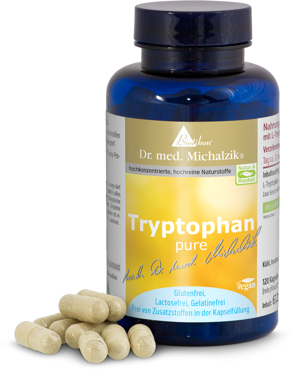 Tryptophan Puro – 120 Capsule Bottiglia di vetro con capsule di triptofano, vegane, senza glutine, senza lattosio, senza gelatina, capsule gialle chiare.