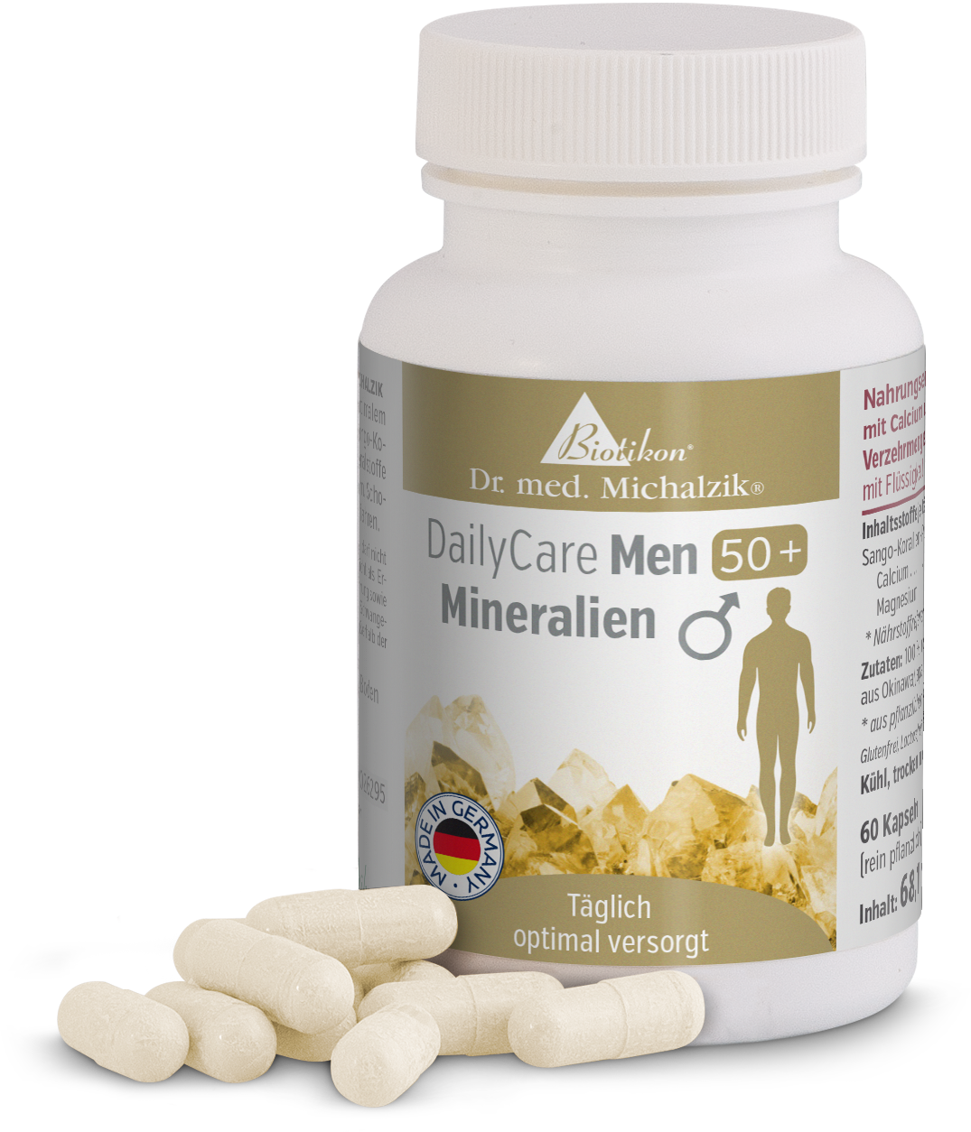 Capsule Minerali 60 pezzi – DailyCare Men 50+ Capsule minerali in una bottiglia bianca contenente 60 pezzi, leggermente beige, su uno sfondo nero.