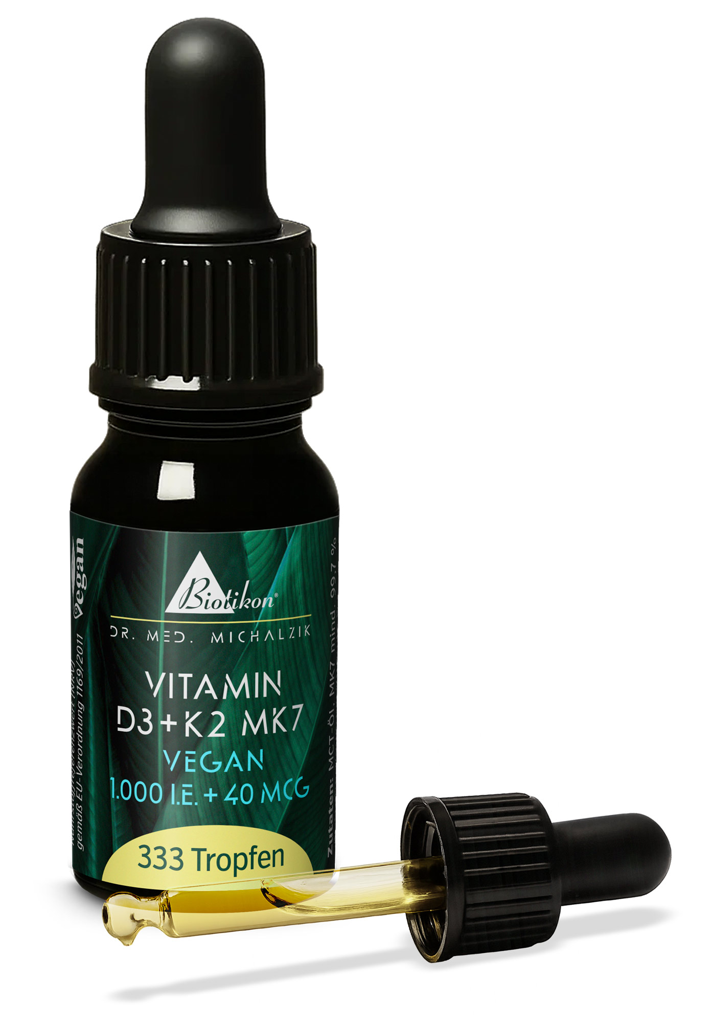 Flacone contagocce con 333 gocce di vitamina D3 e K2 MK7, confezione nera, liquido giallo.