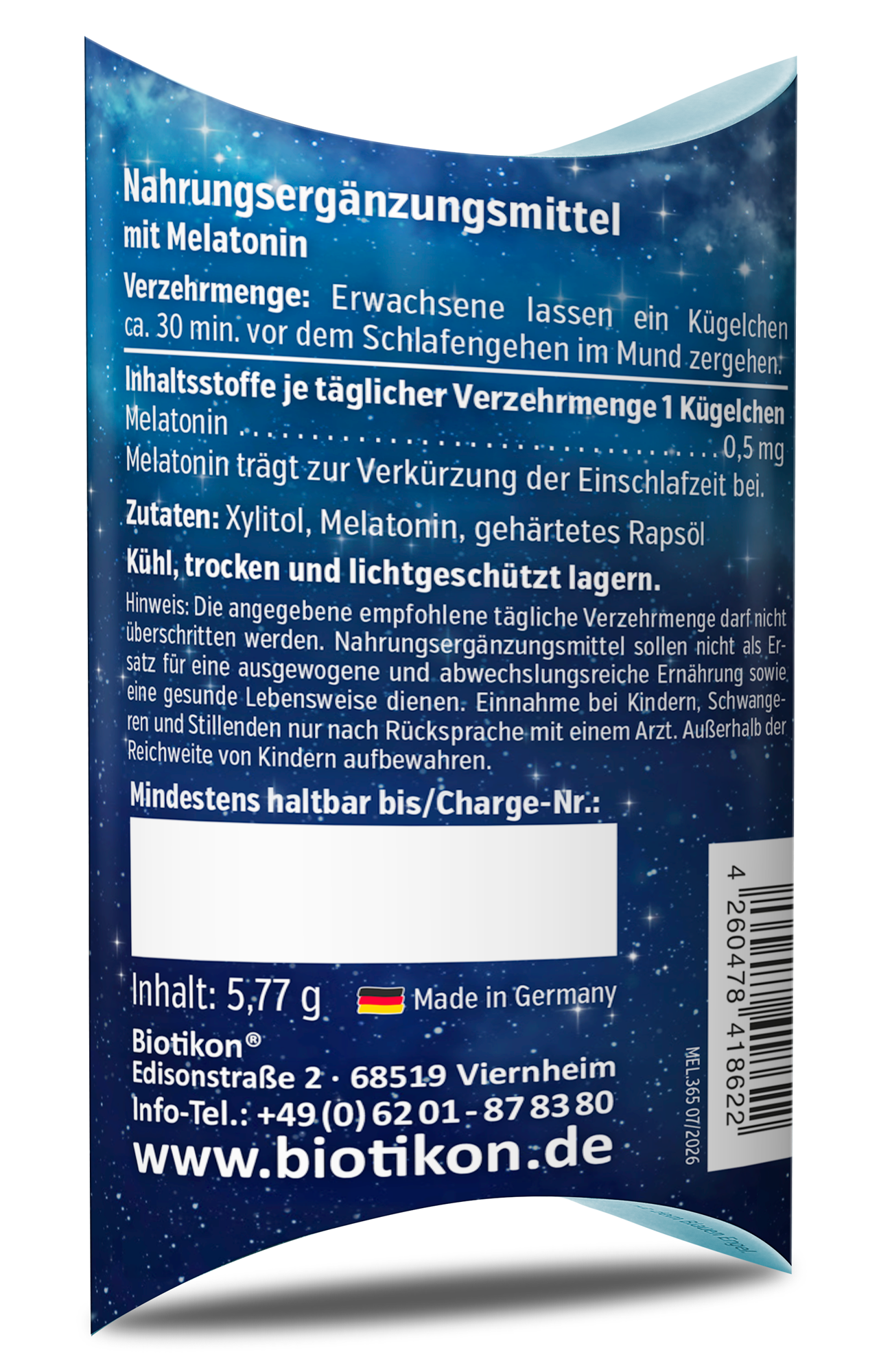 Integratore alimentare con melatonina, confezione da 5,77 g, blu con design di cielo stellato.