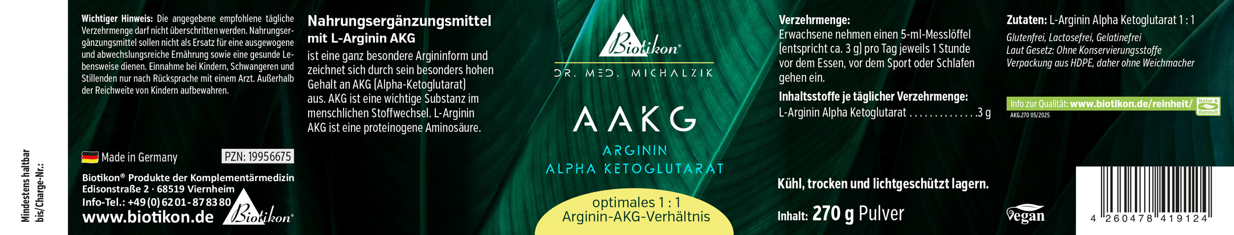 AAKG – Arginina alfa chetoglutarato 270 g in polvere Polvere AAKG in confezione da 270 g, design nero e verde, ben visibile, vegana e senza additivi.