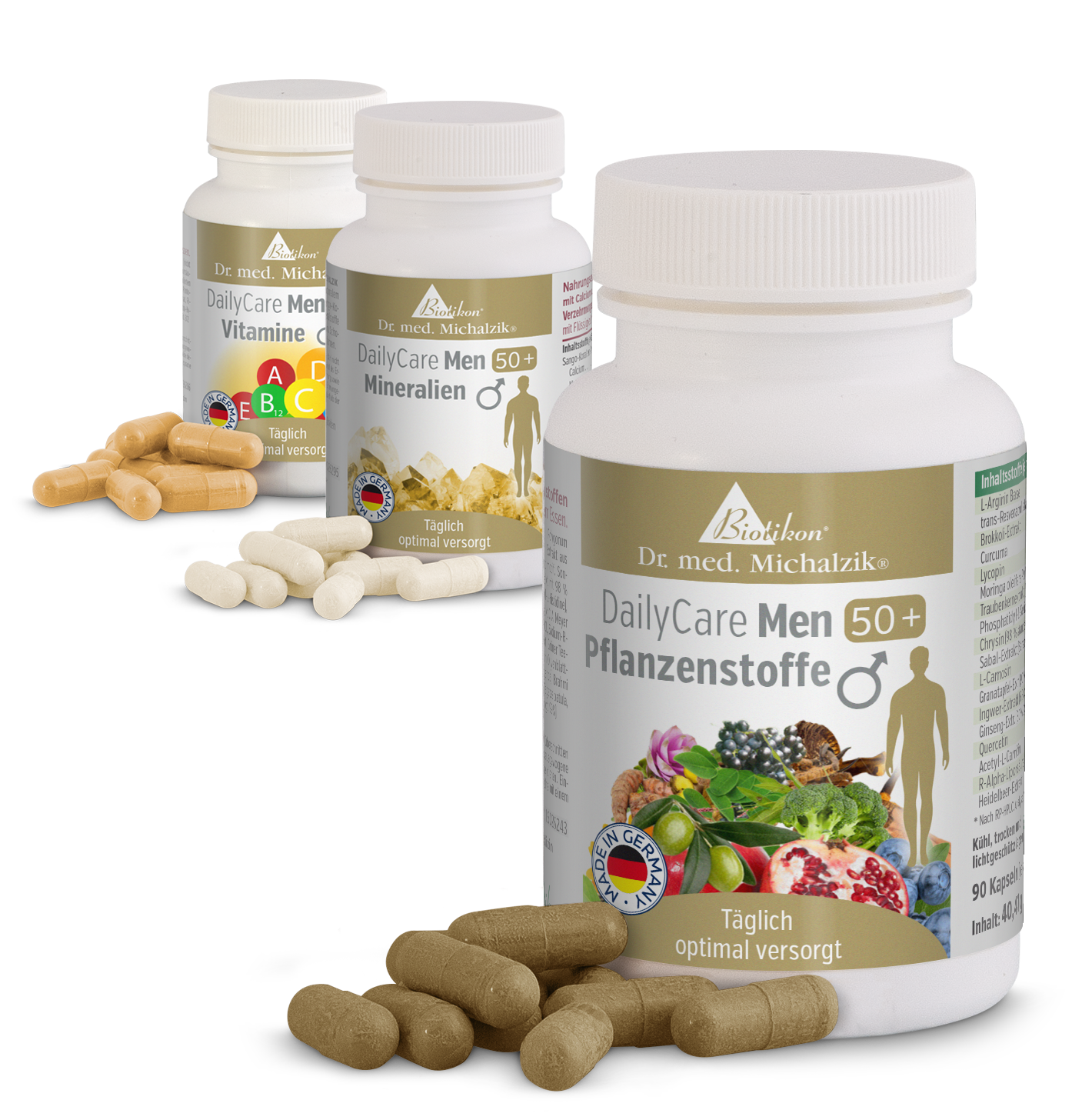 DailyCare Uomini 50+ – Capsule Tre flaconi di integratori alimentari per uomini over 50, capsule di diversi colori, vista laterale.