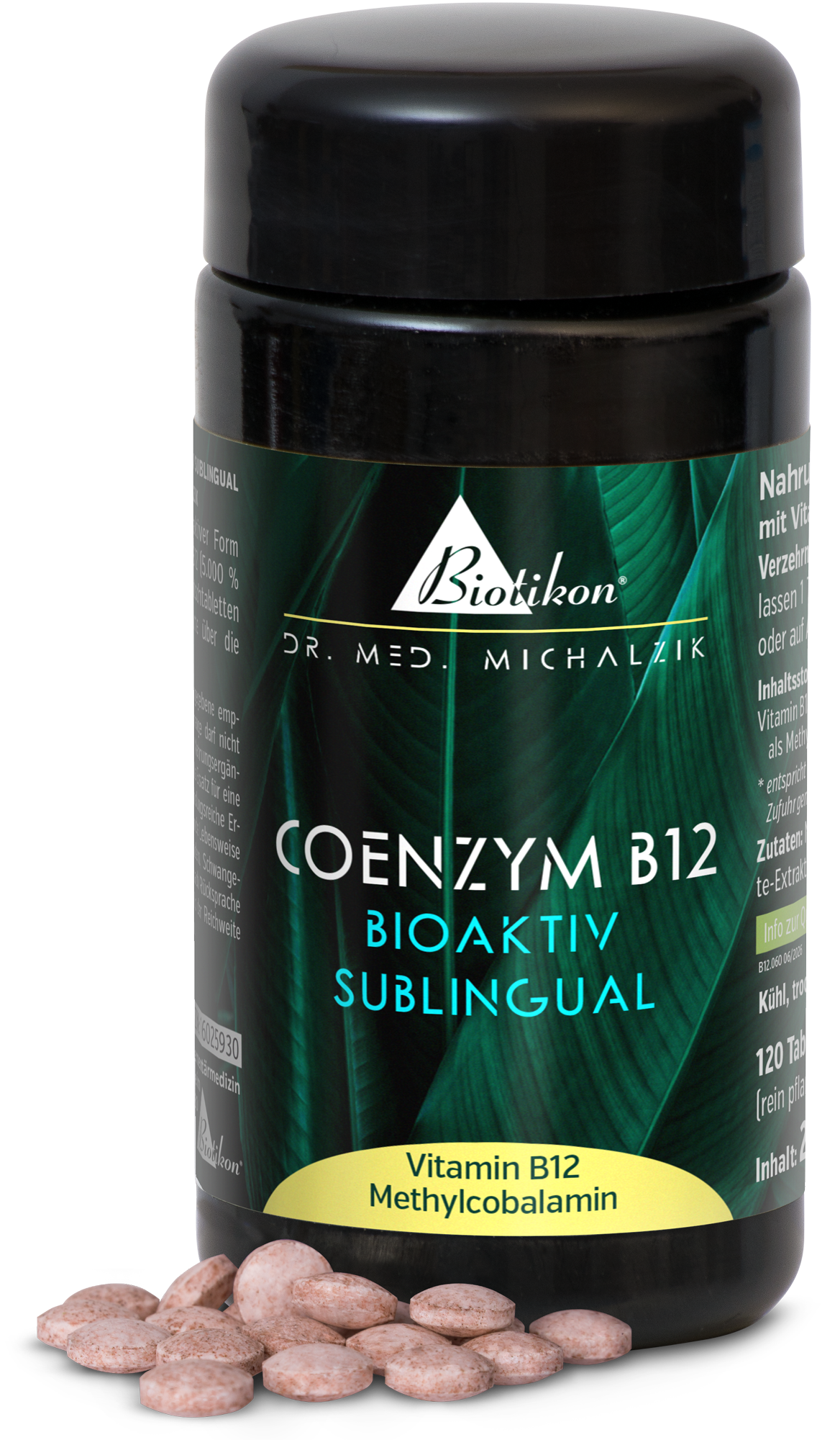 Integratore di Coenzima B12 in bottiglia nera, 120 compresse sublinguali, colore rosa-marrone, prospettiva laterale.