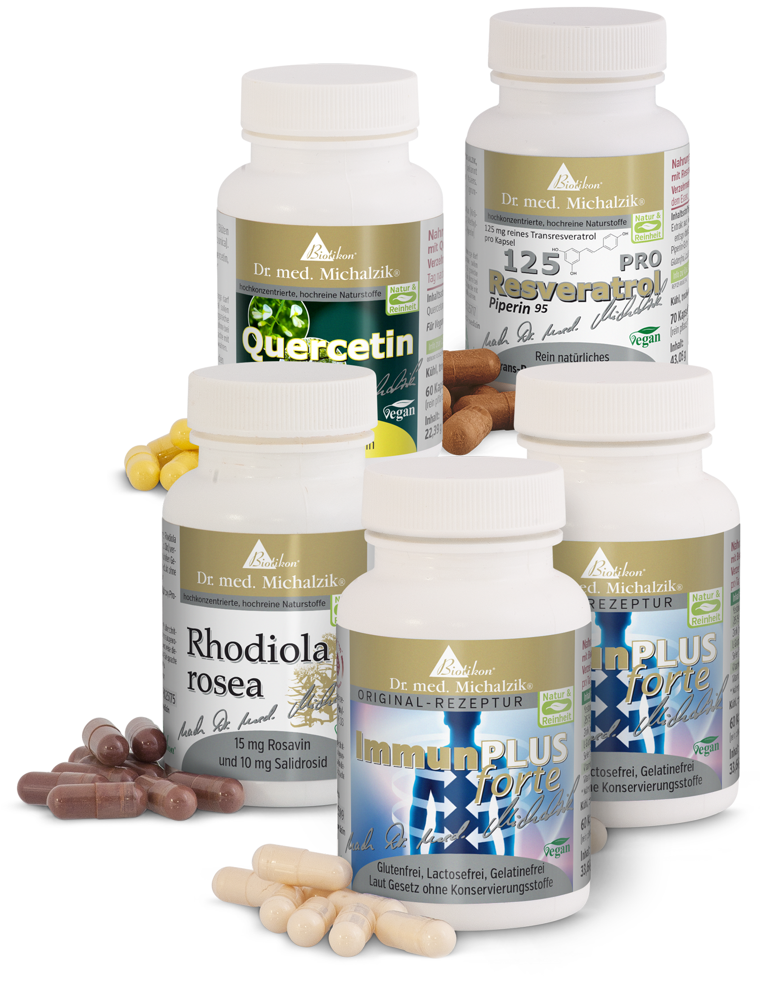 Quercetina 600 mg – Capsule Ingrediente attivo quercetina in capsule, 60 pezzi, contenitore bianco circondato da capsule.
