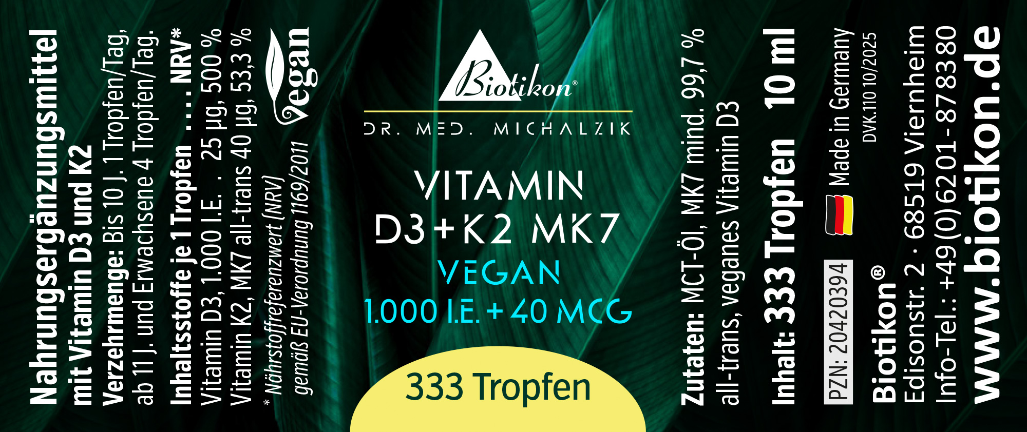 Flacone con 333 gocce di vitamina D3 e K2 MK7, 10 ml, confezione verde