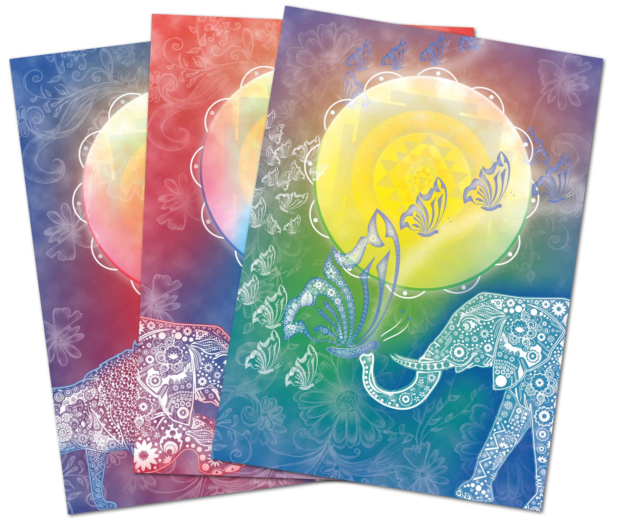 Elefanti Colorati – Set di Cartoline Set di tre cartoline vivaci con elefanti e farfalle, in vari colori, progettate artisticamente.
