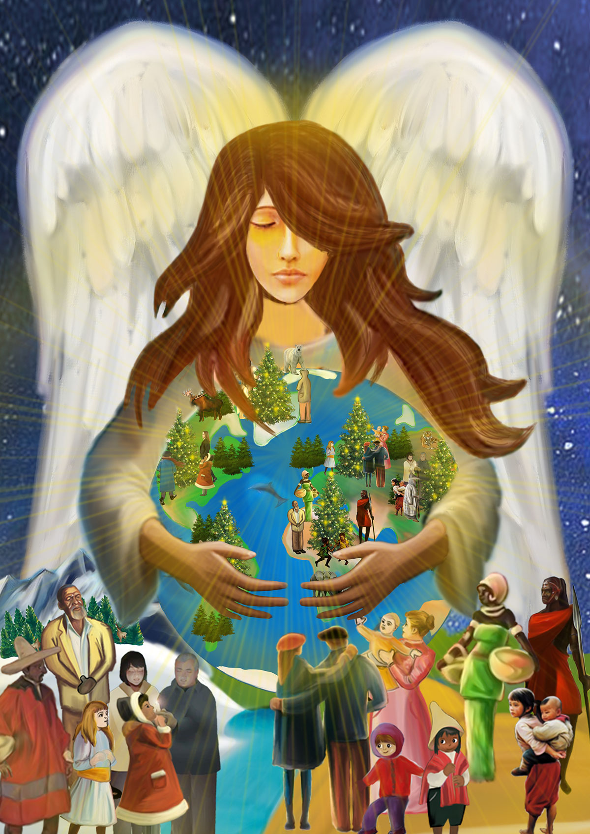 Angelo con la Terra – Arte Illustrativa Un'illustrazione artistica di un angelo che tiene la Terra, circondato da diverse figure e alberi di Natale.