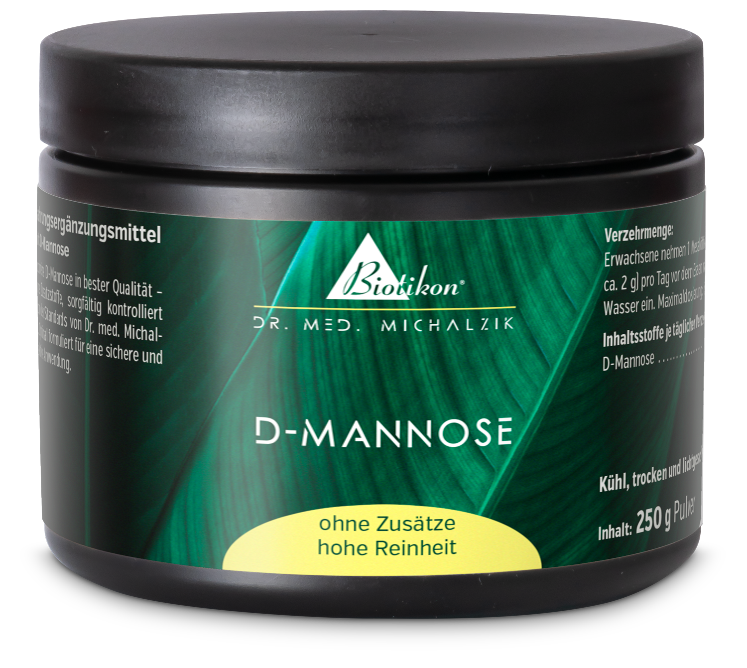 D-Mannose 250 g – Polvere Integratore di D-Mannose in un contenitore nero da 250 g con etichetta verde.