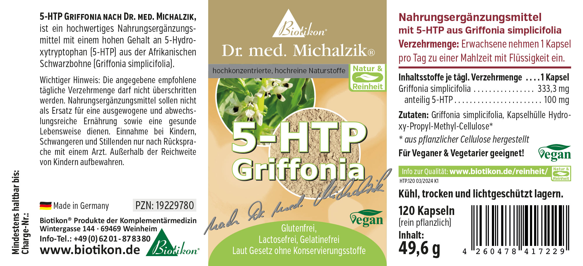 5-HTP Griffonia 100 mg – 120 Capsule Integratore alimentare con 5-HTP da Griffonia simplicifolia, 120 capsule vegane, confezione colorata, vista frontale.