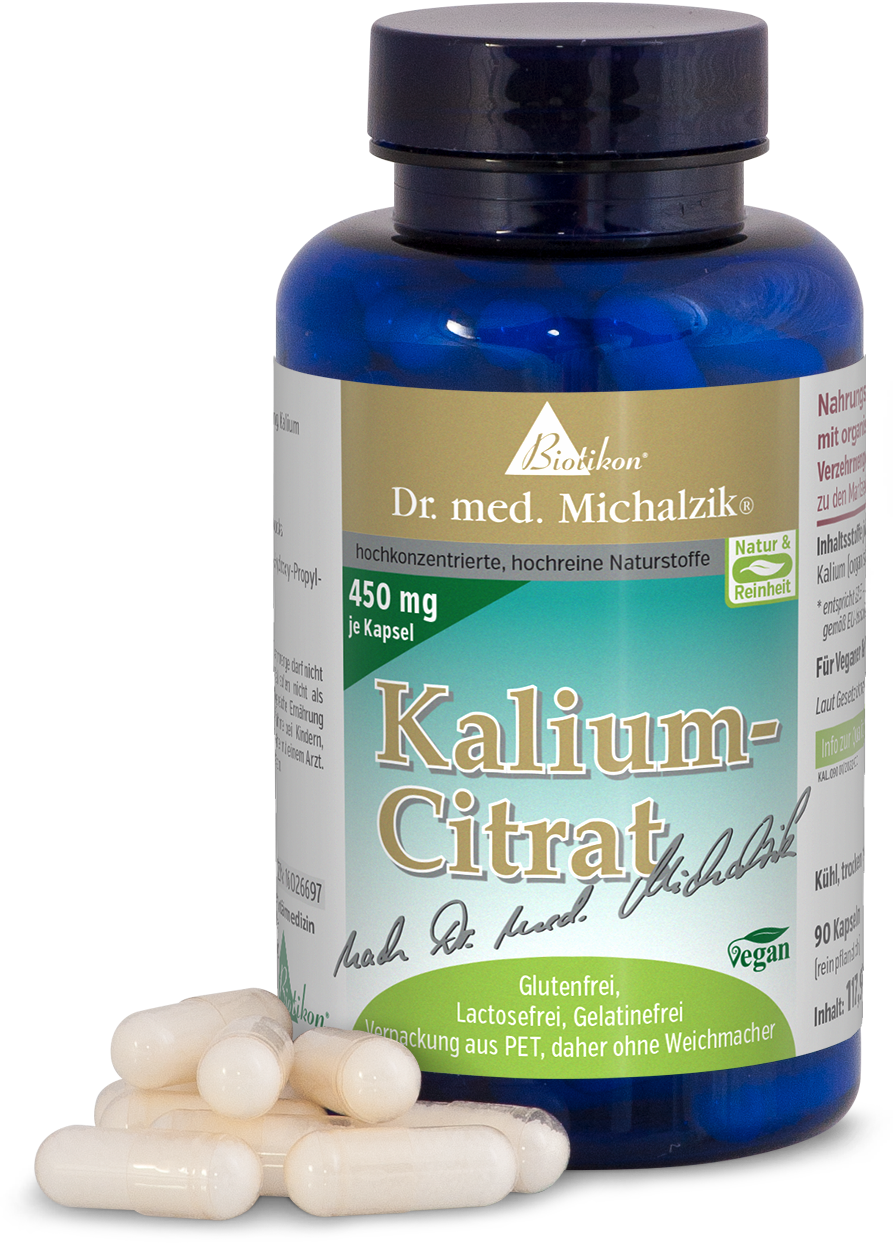 Citrato di potassio 450 mg – Capsule Bottiglia blu con 90 capsule bianche, vegane, senza glutine, senza lattosio.