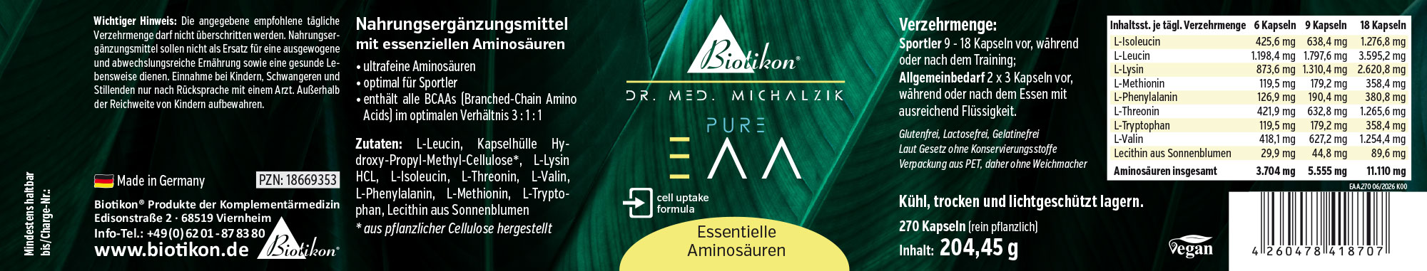 Confezione con 270 capsule vegetali per aminoacidi essenziali, verde, vista frontale.